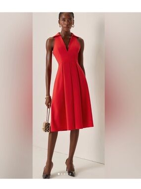 Fehaute Sleeveless V-Neck Collared Midi Dress Fit & Flare Dress Red Size 12 NEW